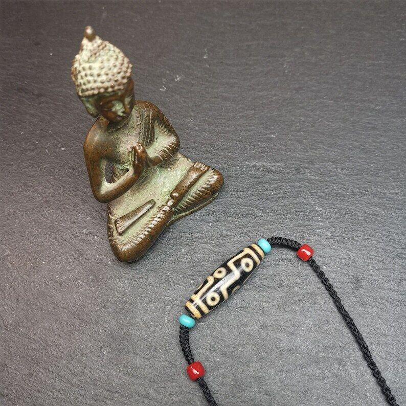 Tibetan 9 Eyed Dzi Bead Necklace,1.51" x 0.47"