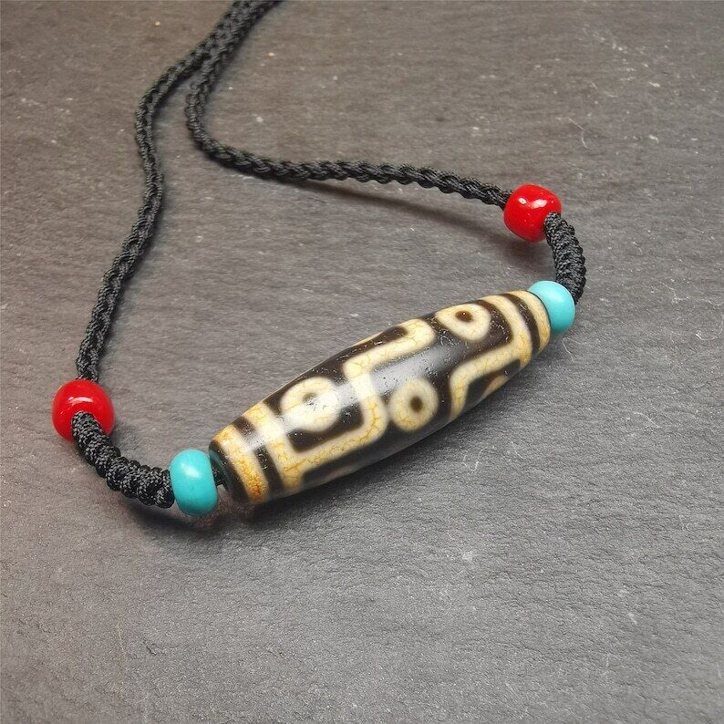 Tibetan 9 Eyed Dzi Bead Necklace,1.51" x 0.47"