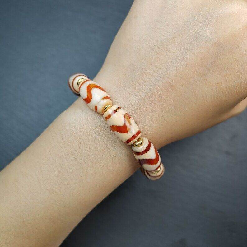 Fire Agate Tiger Tooth Dzi Bead Bracelet - Gandhanra-ART