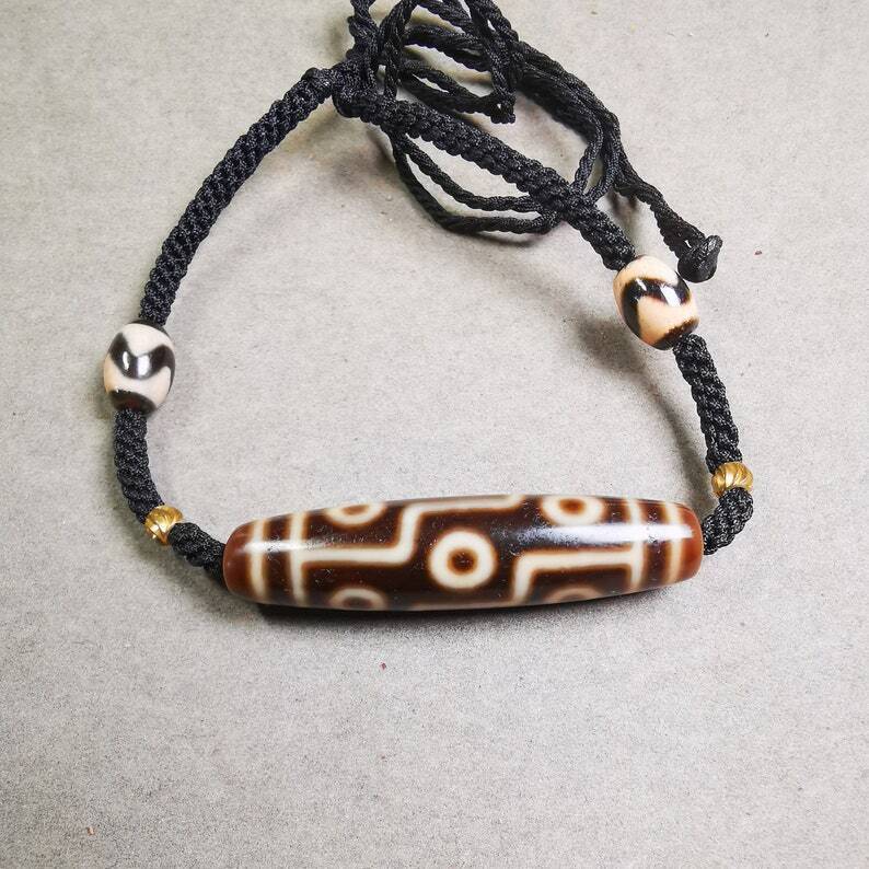 Dzi Bead Necklace,9 Eyed Dzi + Tiget Tooth Bead