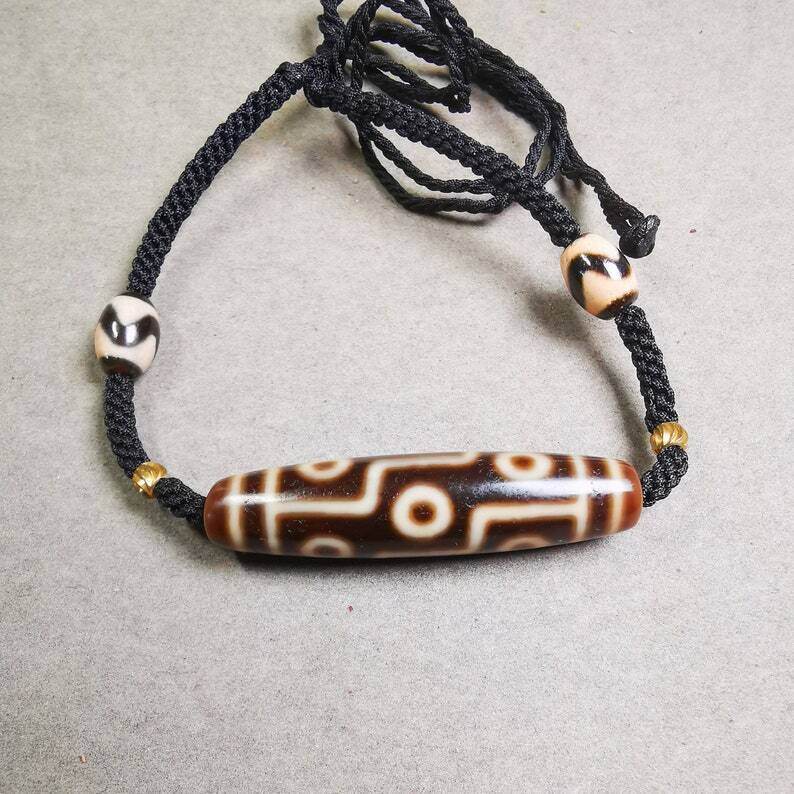 Dzi Bead Necklace,9 Eyed Dzi + Tiget Tooth Bead - Gandhanra-ART