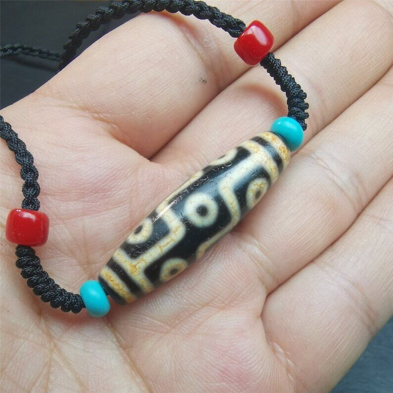Tibetan 9 Eyed Dzi Bead Necklace,1.51" x 0.47"
