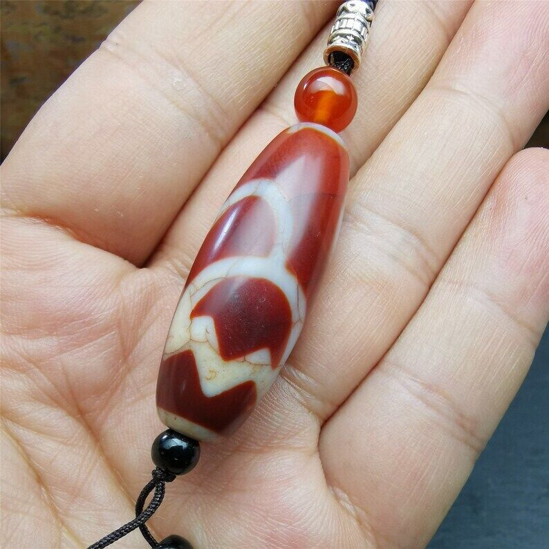 Fire Agate Lotus Dzi Bead Necklace,1.57" × 0.75"