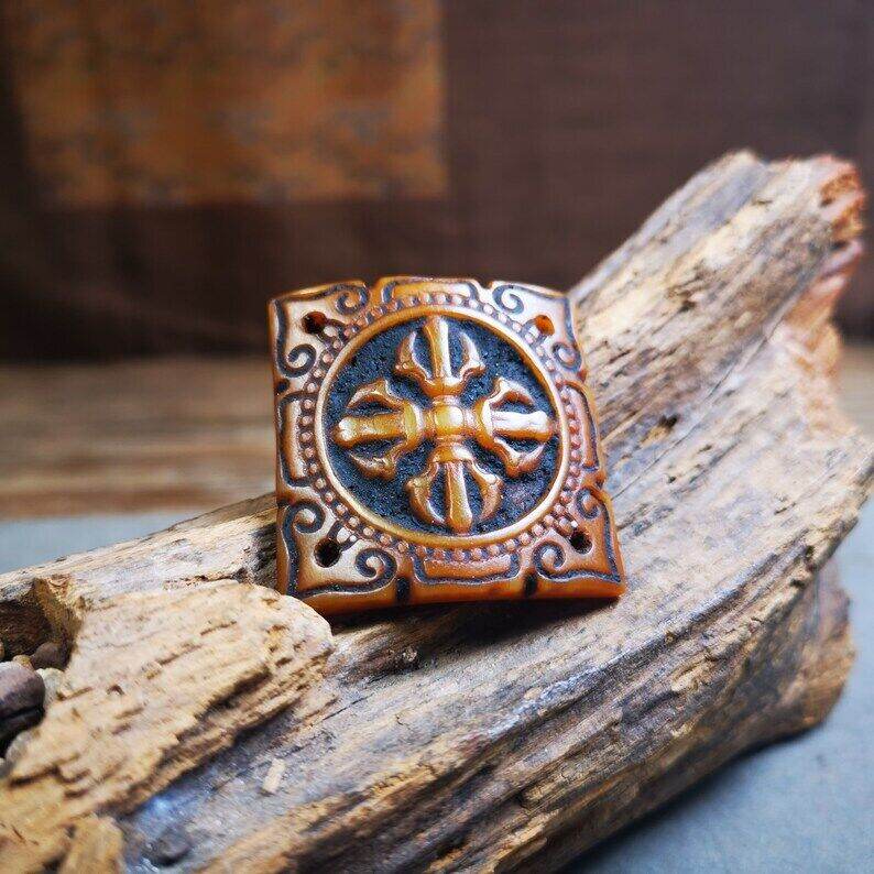 Yak Bone Carved Cross Vajra Amulet Badge, Tibetan Buddhist Pendant - Gandhanra-ART