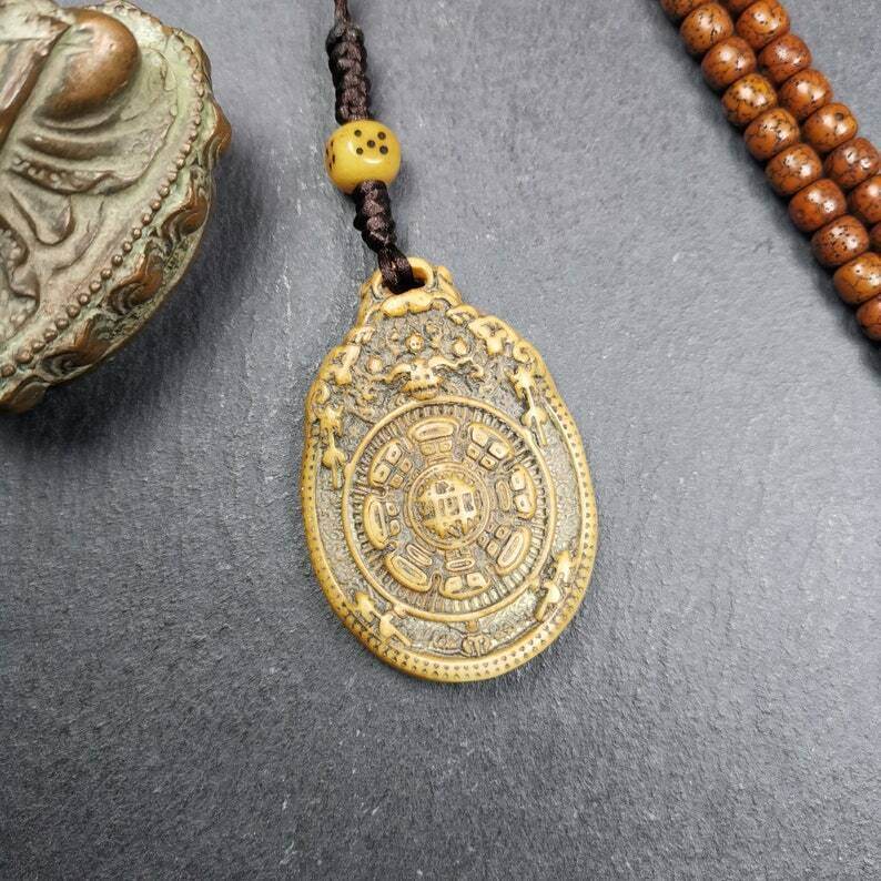 Buddhist Calendar Amulet,Yak Bone Carved Melong Mirror,SIPAHO(srid pa ho) Badge - Gandhanra-ART