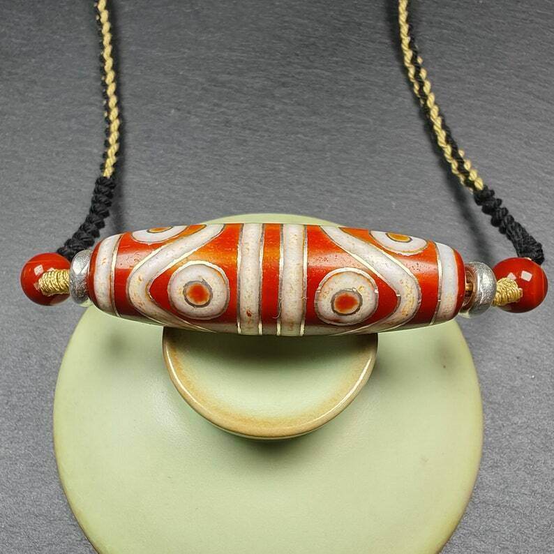 Fire Agate 8 Eyes Dzi Bead Necklace - Gandhanra-ART