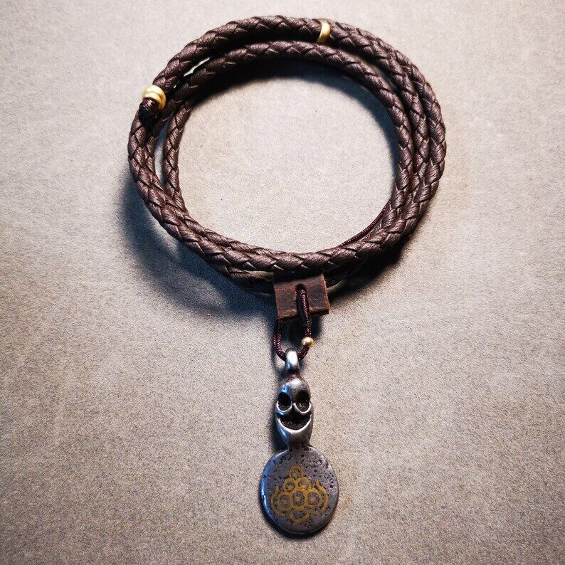 Gandhanra Handmade Buddhist Amulet,Skull Sītavana Flame Pendant Leather Necklace