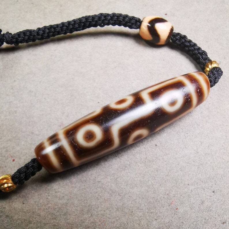 Dzi Bead Necklace,9 Eyed Dzi + Tiget Tooth Bead