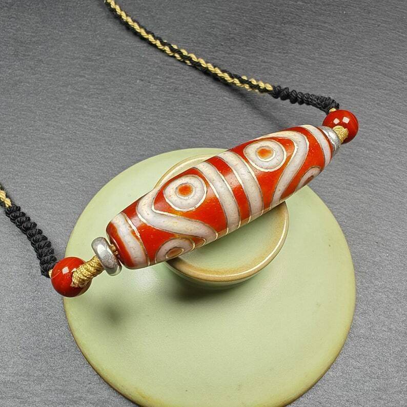 Fire Agate 8 Eyes Dzi Bead Necklace - Gandhanra-ART