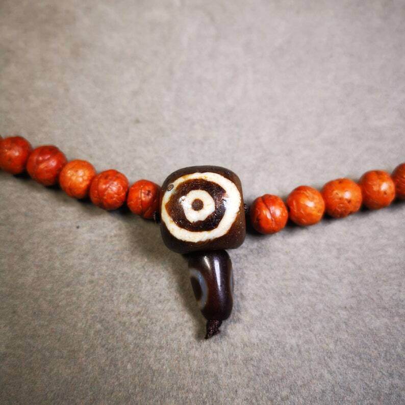 Old 2 Eyed Dzi Guru Bead,T-drilled 3-Hole Mala Bead - Gandhanra-ART