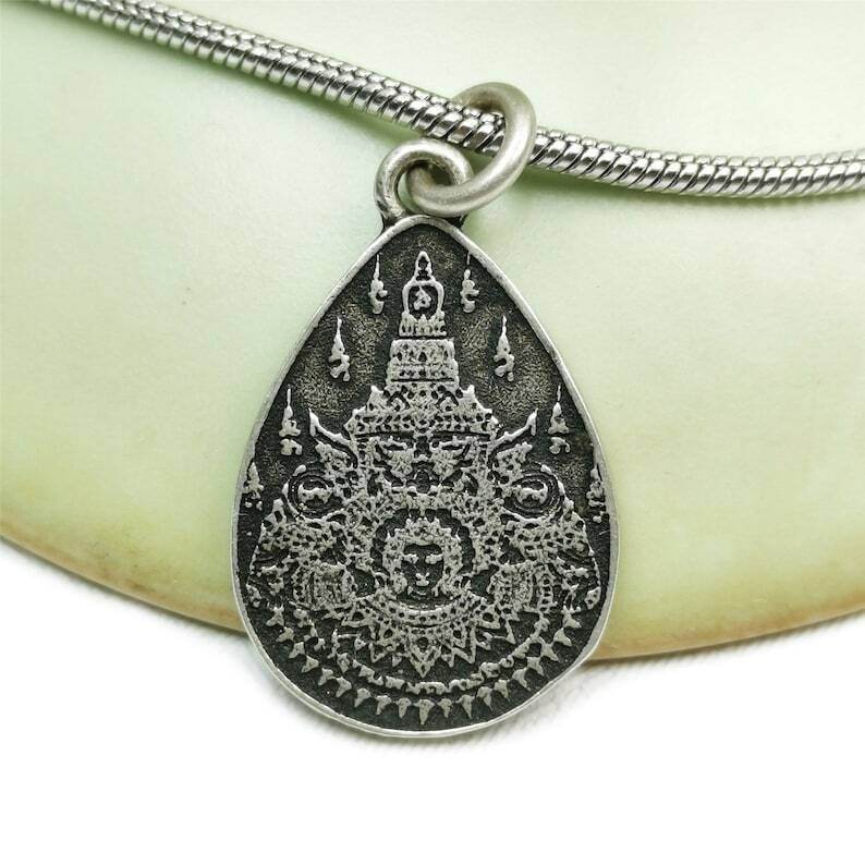 Lucky Charm, Unique Stupa / Pagoda Pattern,Silver Pendant - Gandhanra-ART