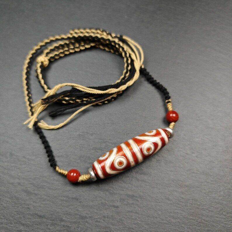 Fire Agate 8 Eyes Dzi Bead Necklace - Gandhanra-ART