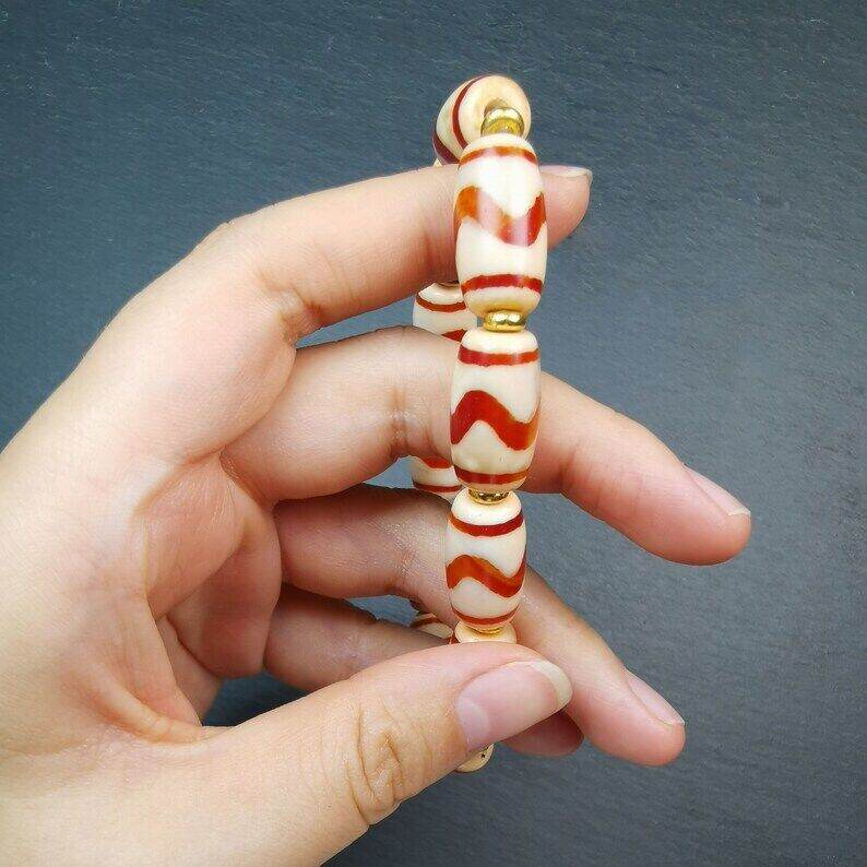 Fire Agate Tiger Tooth Dzi Bead Bracelet - Gandhanra-ART