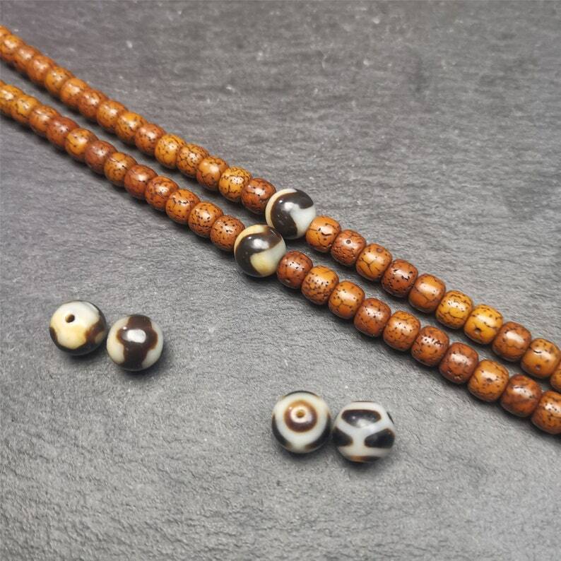Gandhanra Pair of Tibetan Round Dzi Bead,Spacer Marker Beads for Mala,Necklace,0.47"