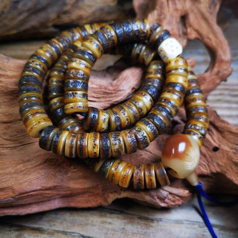 Yak Bone Mala, Hand-carved Tibetan Prayer Beads - Gandhanra-ART