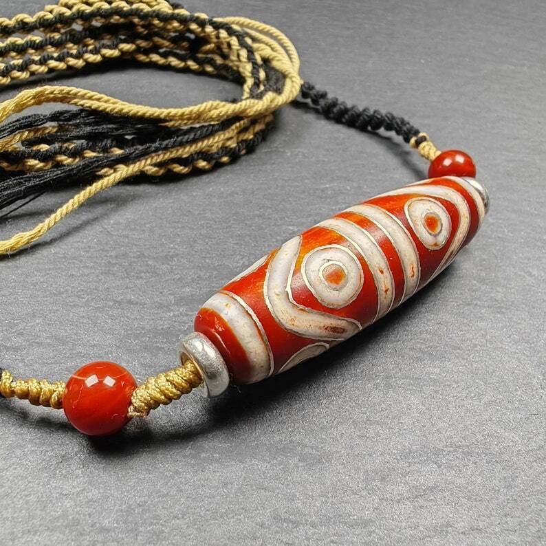 Fire Agate 8 Eyes Dzi Bead Necklace - Gandhanra-ART