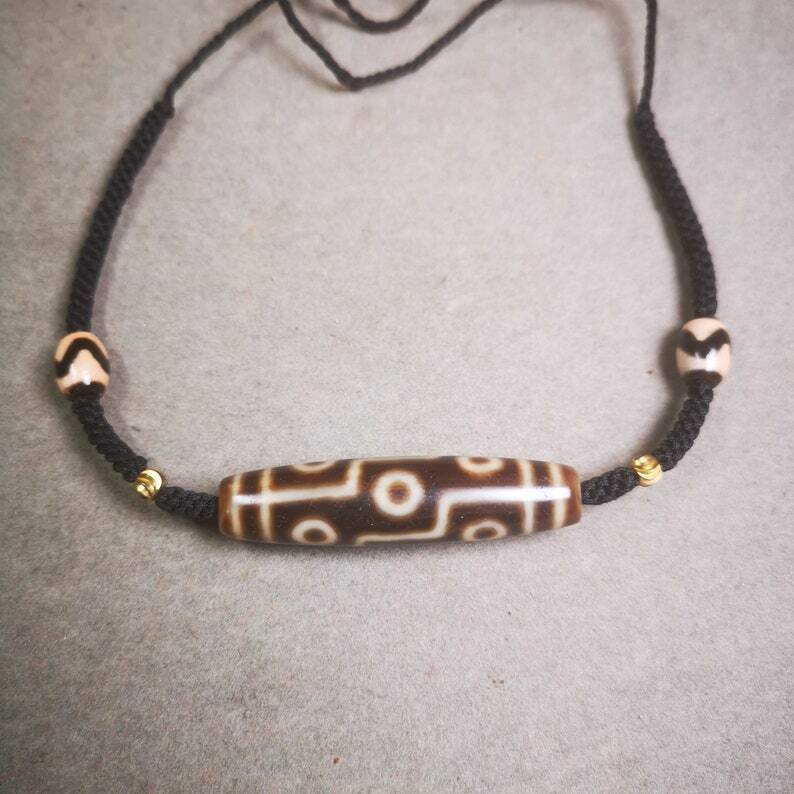 Dzi Bead Necklace,9 Eyed Dzi + Tiget Tooth Bead