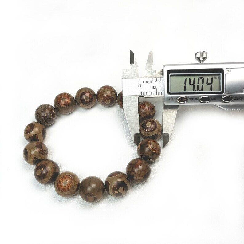 3 Eyes Dzi Beads Bracelet,Wrist Mala,0.55" - Tibetan Buddhist mala beads, size reference