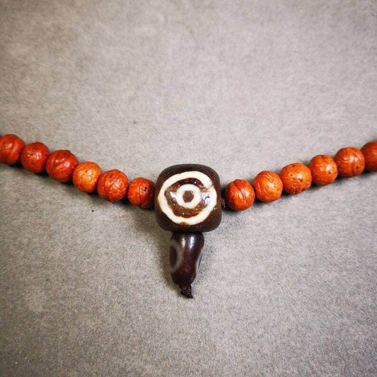 Old 2 Eyed Dzi Guru Bead,T-drilled 3-Hole Mala Bead - Gandhanra-ART