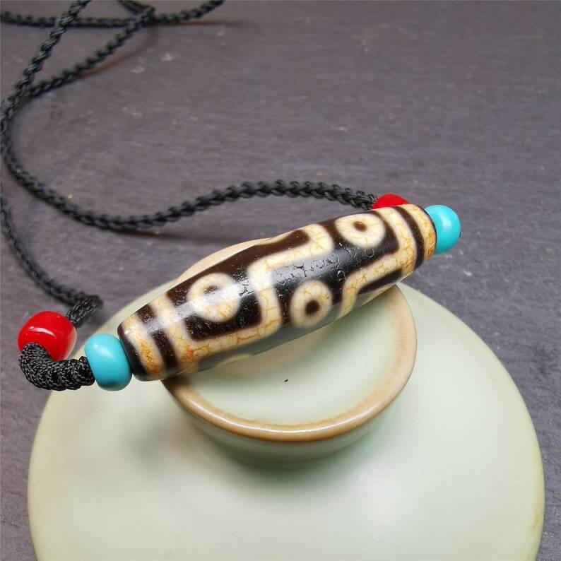 Tibetan 9 Eyed Dzi Bead Necklace,1.51" x 0.47"