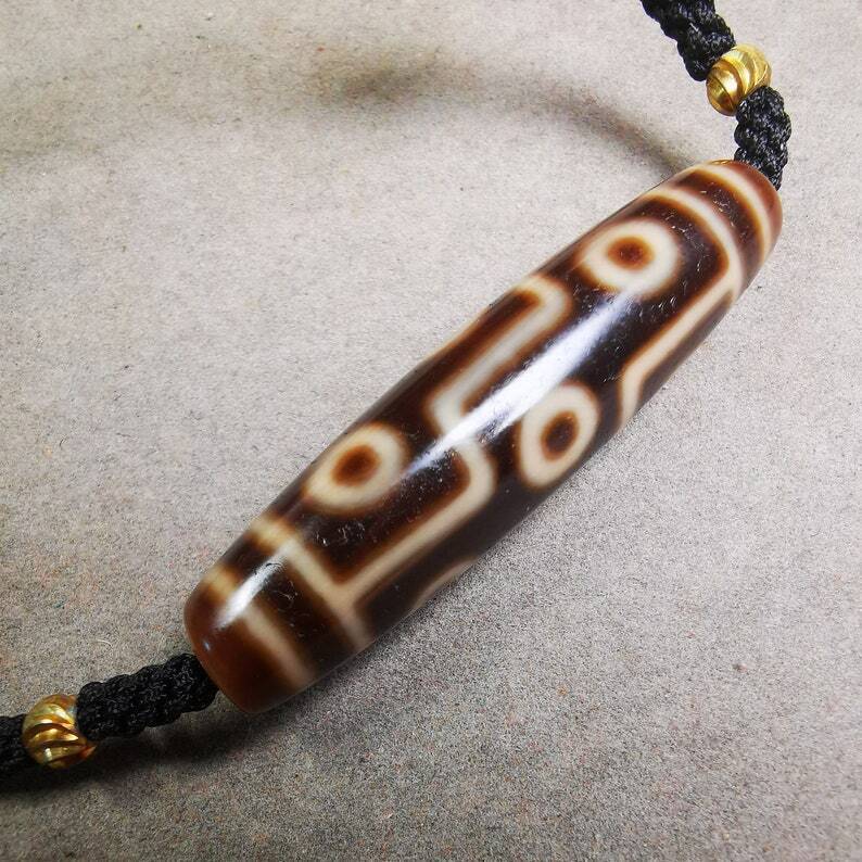 Dzi Bead Necklace,9 Eyed Dzi + Tiget Tooth Bead