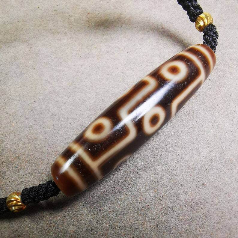 Dzi Bead Necklace,9 Eyed Dzi + Tiget Tooth Bead - Gandhanra-ART