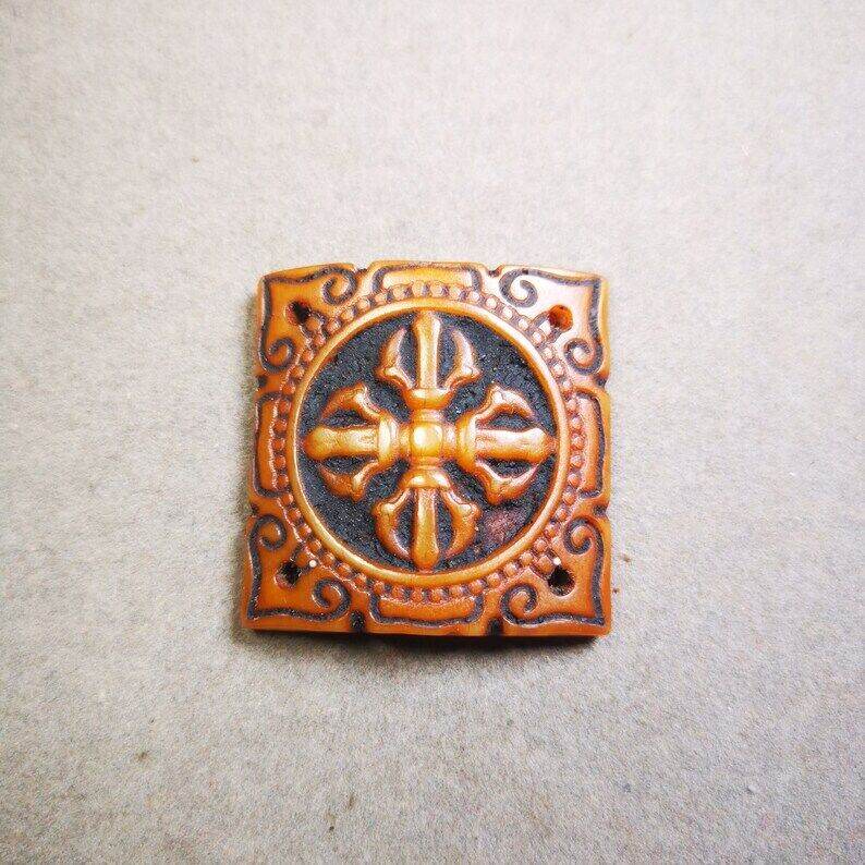 Yak Bone Carved Cross Vajra Amulet Badge, Tibetan Buddhist Pendant - Gandhanra-ART