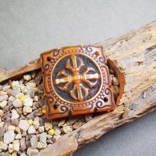Yak Bone Carved Cross Vajra Amulet Badge, Tibetan Buddhist Pendant - Gandhanra-ART