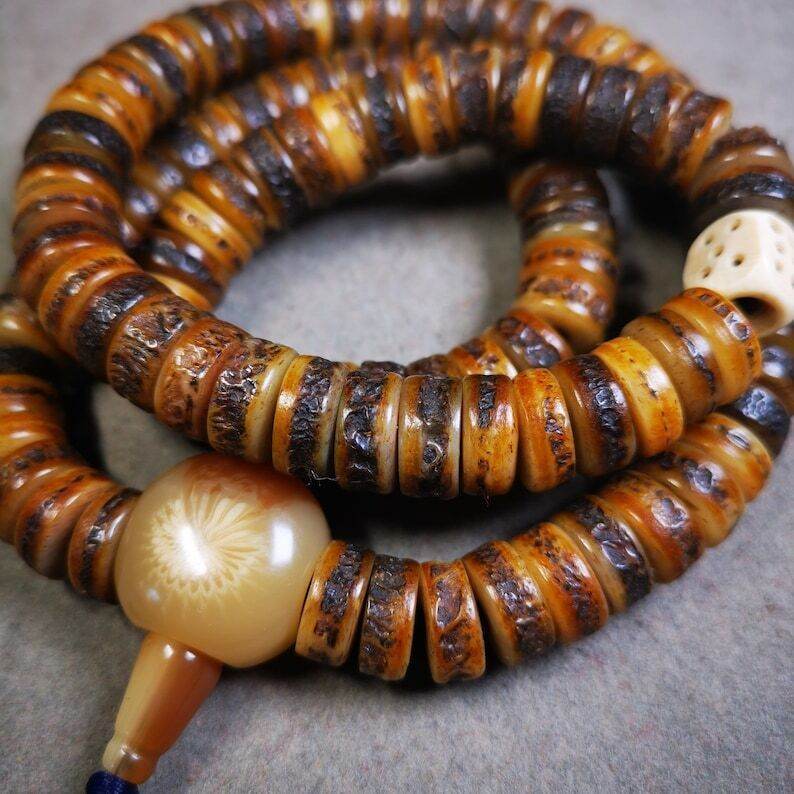 Yak Bone Mala, Hand-carved Tibetan Prayer Beads - Gandhanra-ART