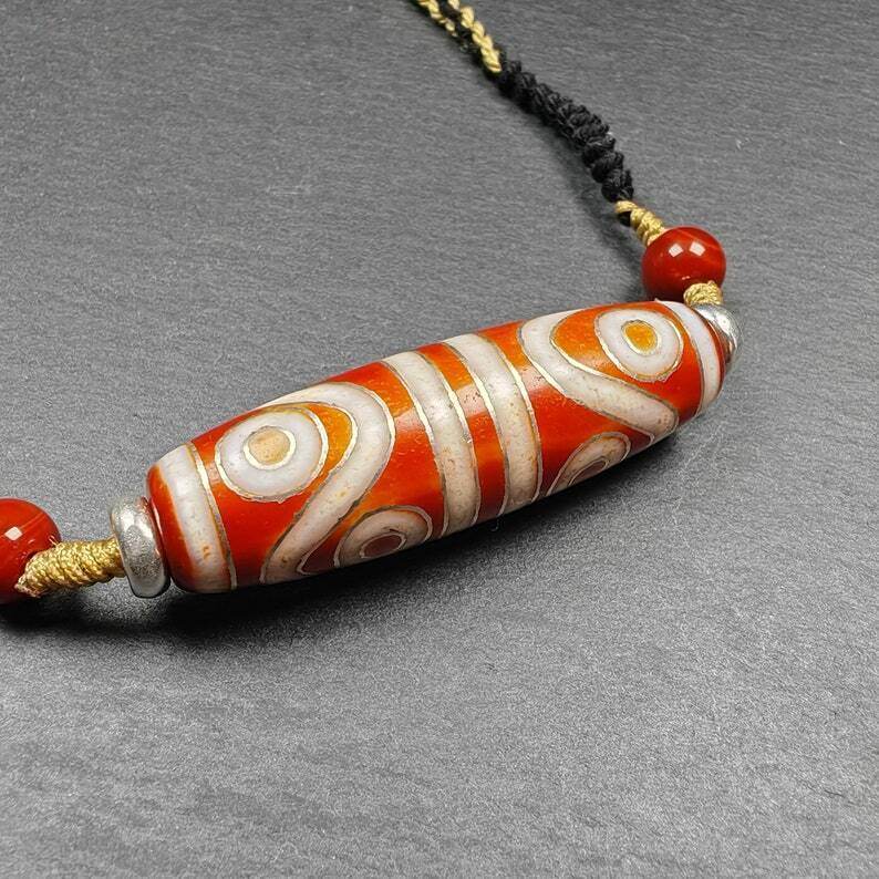 Fire Agate 8 Eyes Dzi Bead Necklace - Gandhanra-ART