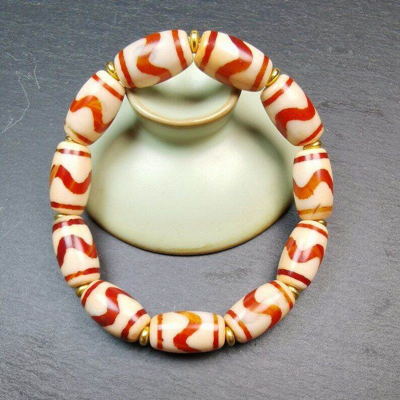 Fire Agate Tiger Tooth Dzi Bead Bracelet - Gandhanra-ART