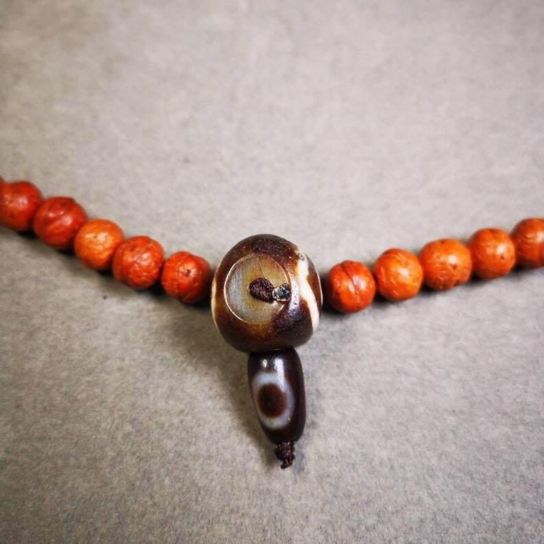 Old 2 Eyed Dzi Guru Bead,T-drilled 3-Hole Mala Bead - Gandhanra-ART