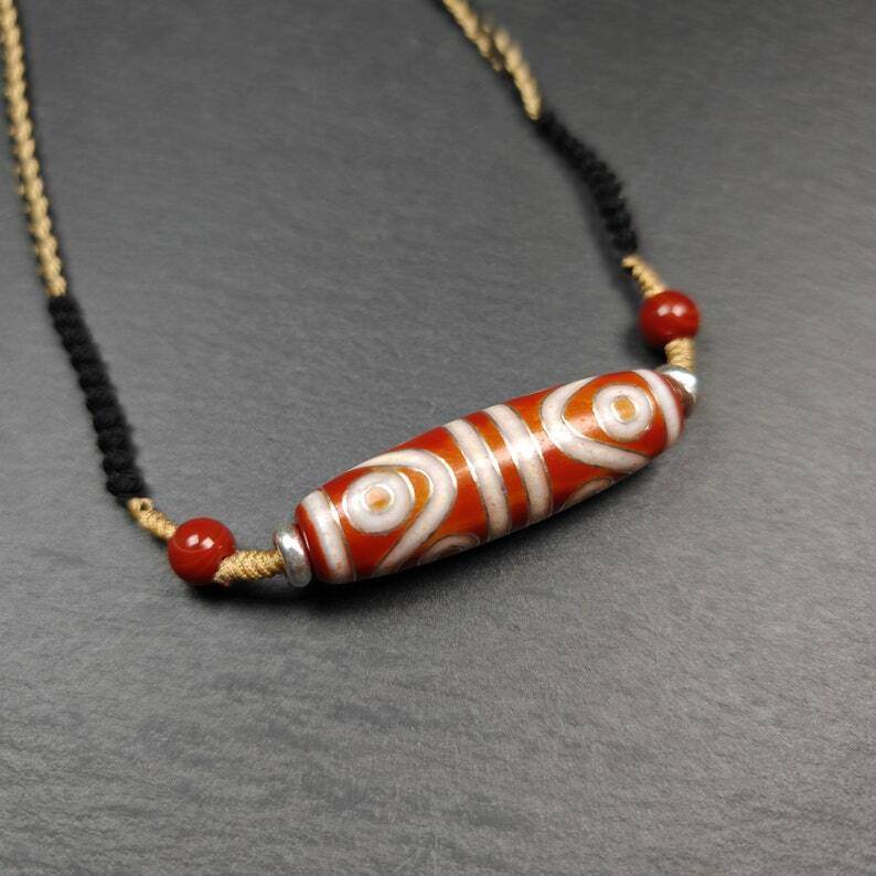 Fire Agate 8 Eyes Dzi Bead Necklace - Gandhanra-ART