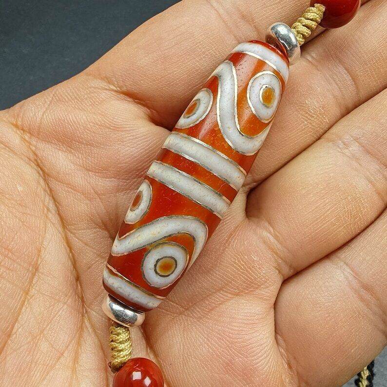Fire Agate 8 Eyes Dzi Bead Necklace - Gandhanra-ART