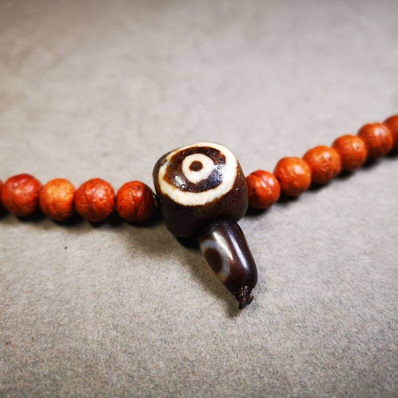 Old 2 Eyed Dzi Guru Bead,T-drilled 3-Hole Mala Bead - Gandhanra-ART