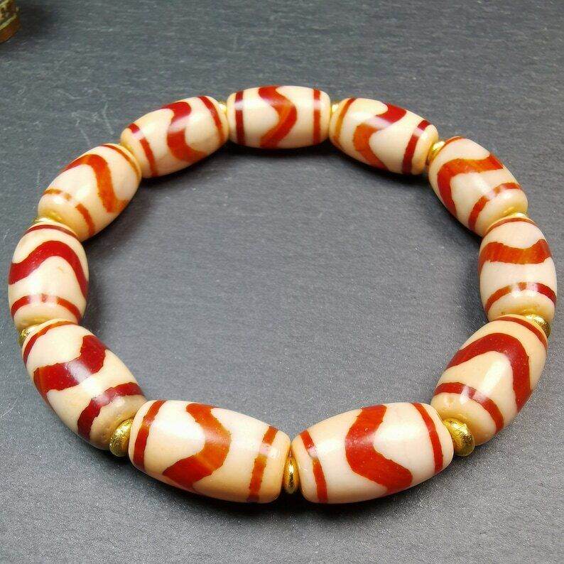 Fire Agate Tiger Tooth Dzi Bead Bracelet - Gandhanra-ART