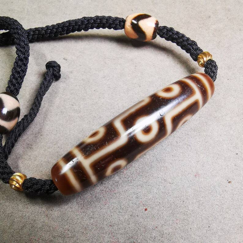 Dzi Bead Necklace,9 Eyed Dzi + Tiget Tooth Bead