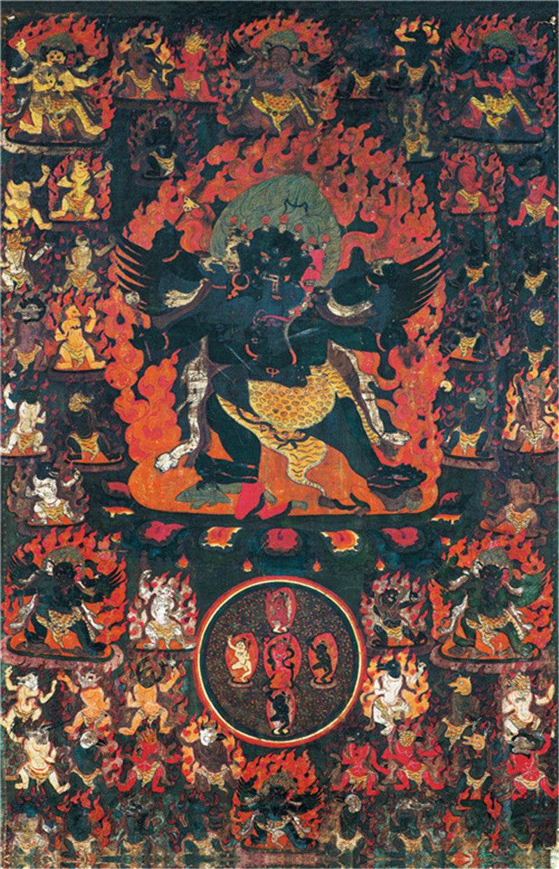 Thangka Tibétain 42 Divinités Paisibles - Peinture Tantrique Dorée, Cadre Brocart, Décoration Zen