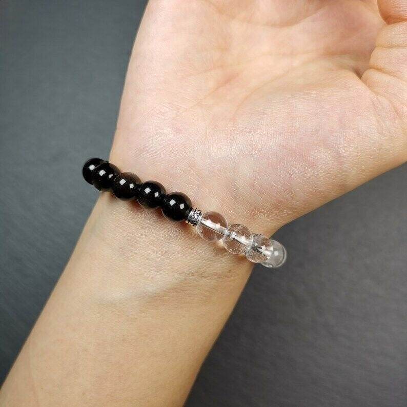 Obsidian + Crystal Wrist Mala, Prayer Beads Bracelet - Gandhanra-ART