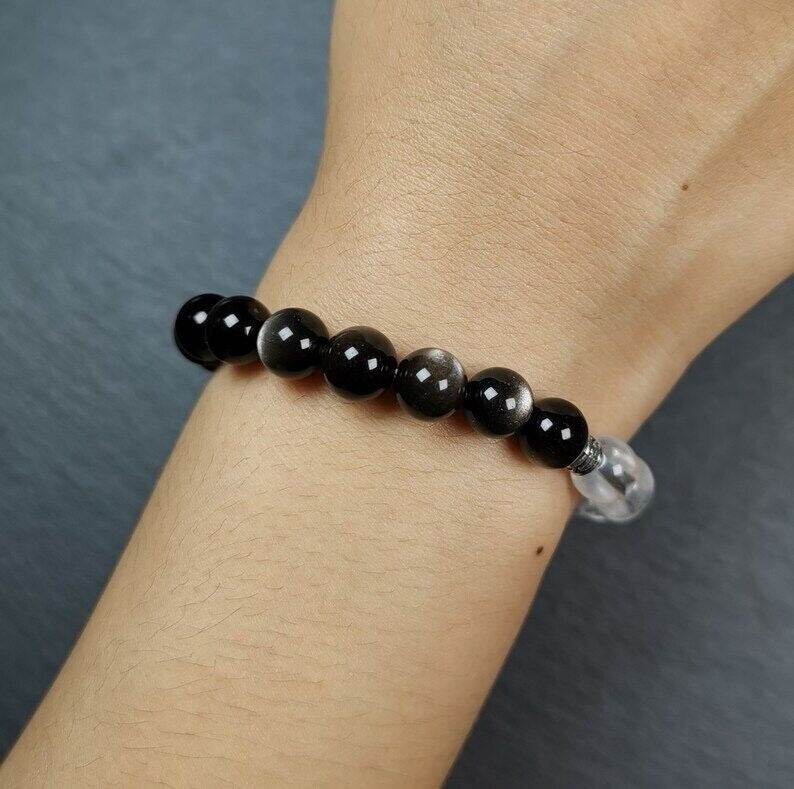 Obsidian + Crystal Wrist Mala, Prayer Beads Bracelet - Gandhanra-ART