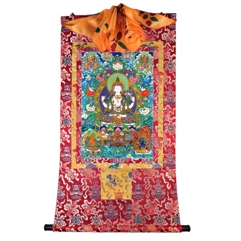 Gandhanra Tibetan Thangka Art - Chenrezig - Padmapani - from Kathok Monastery - Giclee Print with Mineral Pigments