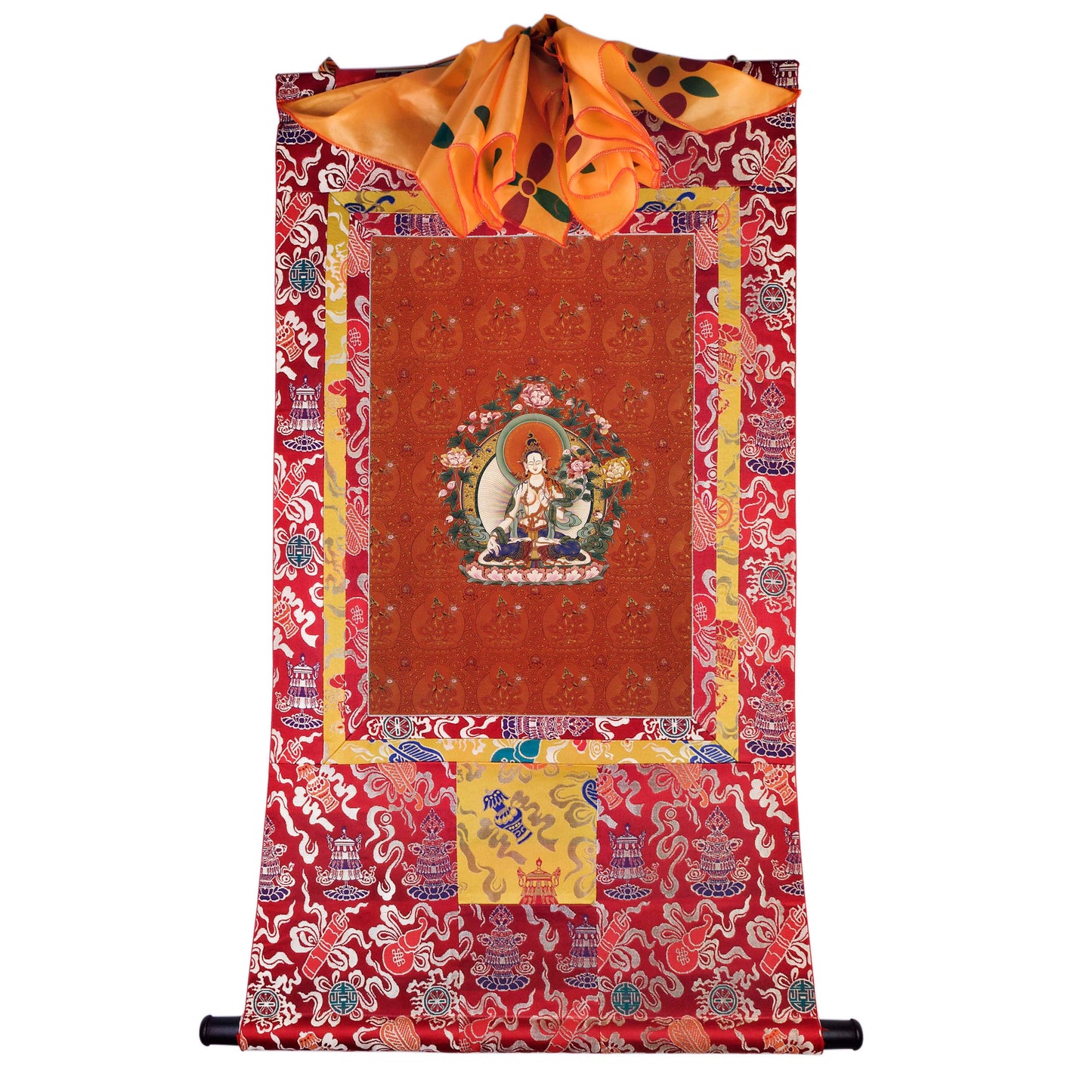 Gandhanra Hand Frame Tibetan Thangka Art,White Tara,Jetsun Dolma, Buddhist Tapestry,Giclee Print with Mineral Pigments,48" × 32"