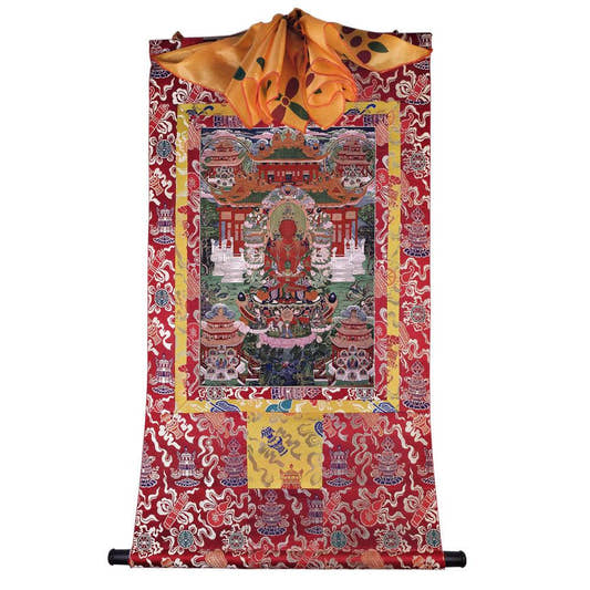 Amitayus - the Buddha of Longevity - Tibetan thangka painting, detailed view