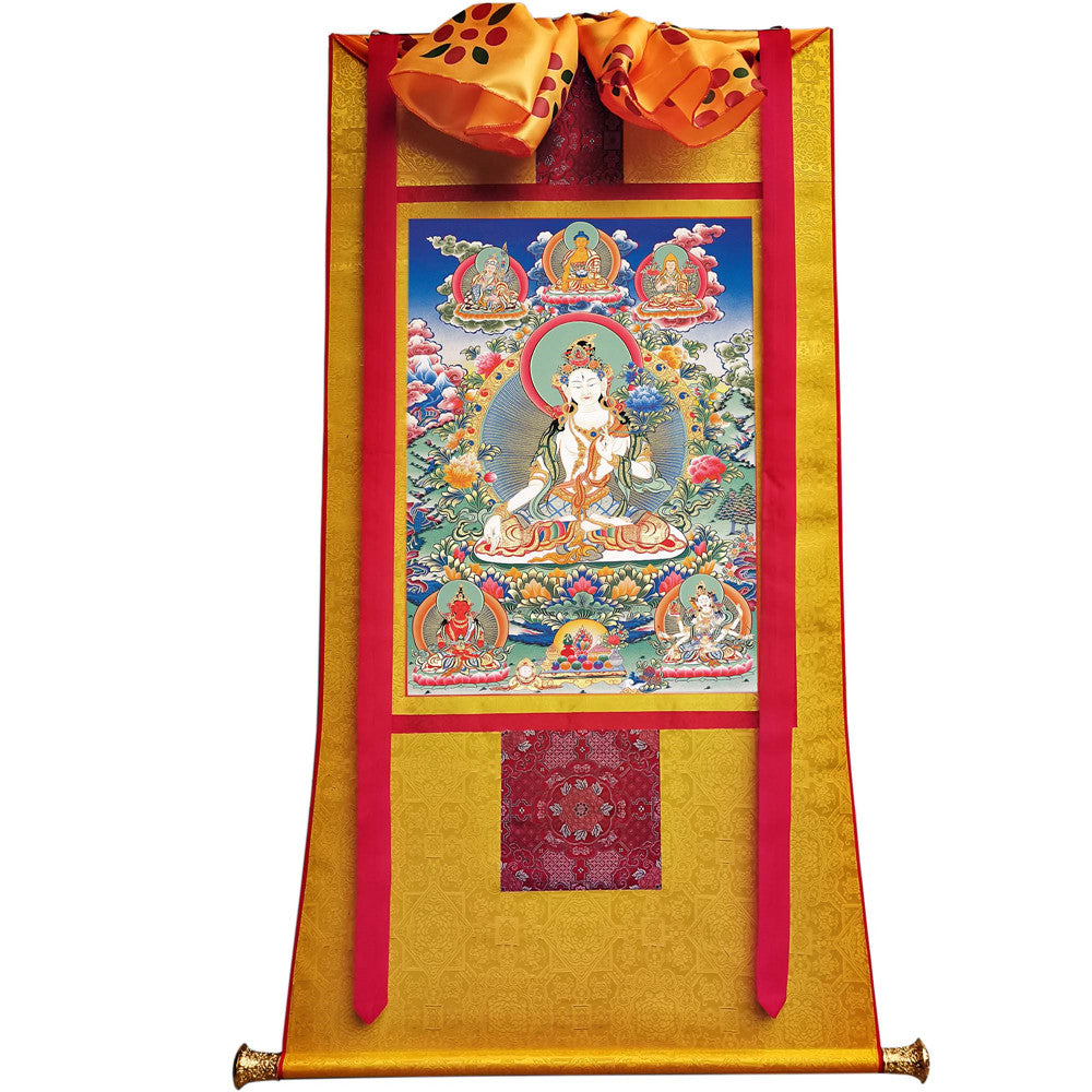 Gandhanra Hand Framed Tibetan Thangka Art,White Tara, Buddhist Tapestry,Giclee Print with Mineral Pigments,48" × 32"