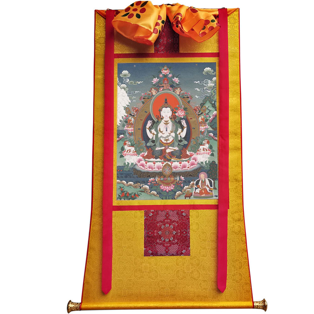 Gandhanra Tibetan Thangka Art - Chenrezig - Padmapani - from Kathok Monastery - Giclee Print with Mineral Pigments