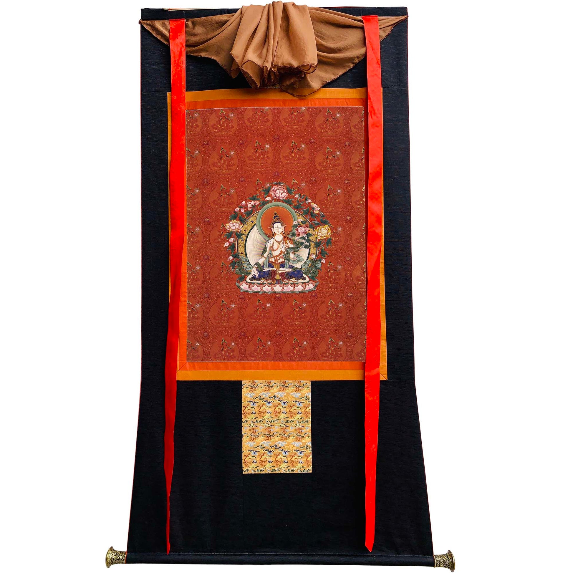 Gandhanra Hand Frame Tibetan Thangka Art,White Tara,Jetsun Dolma, Buddhist Tapestry,Giclee Print with Mineral Pigments,48" × 32"