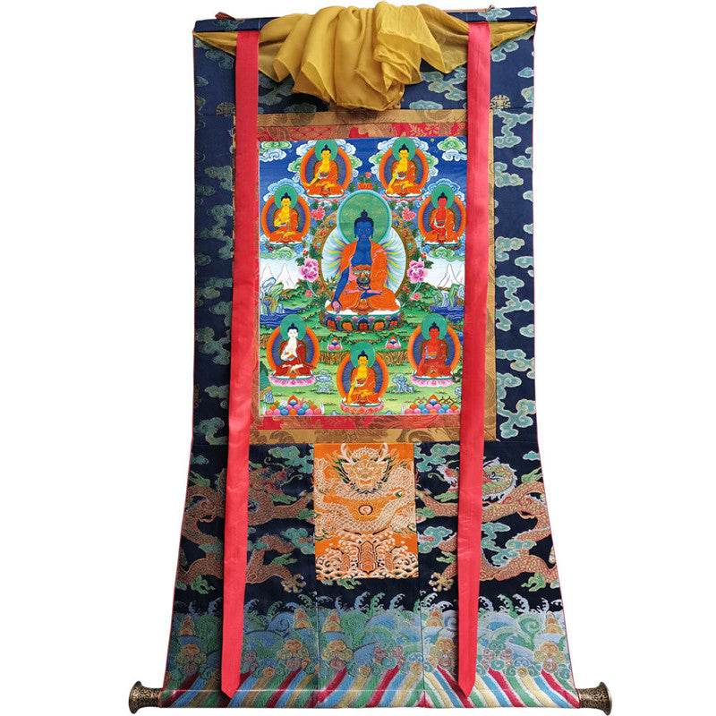 Bhaisajyaguru - Eight Medicine Buddhas Image - Tibetan thangka painting, size reference