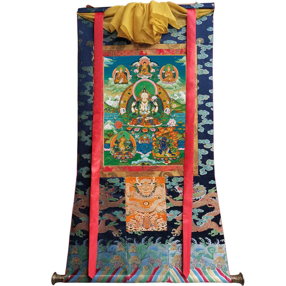 Chenrezig Image - Tibetan thangka painting, size reference