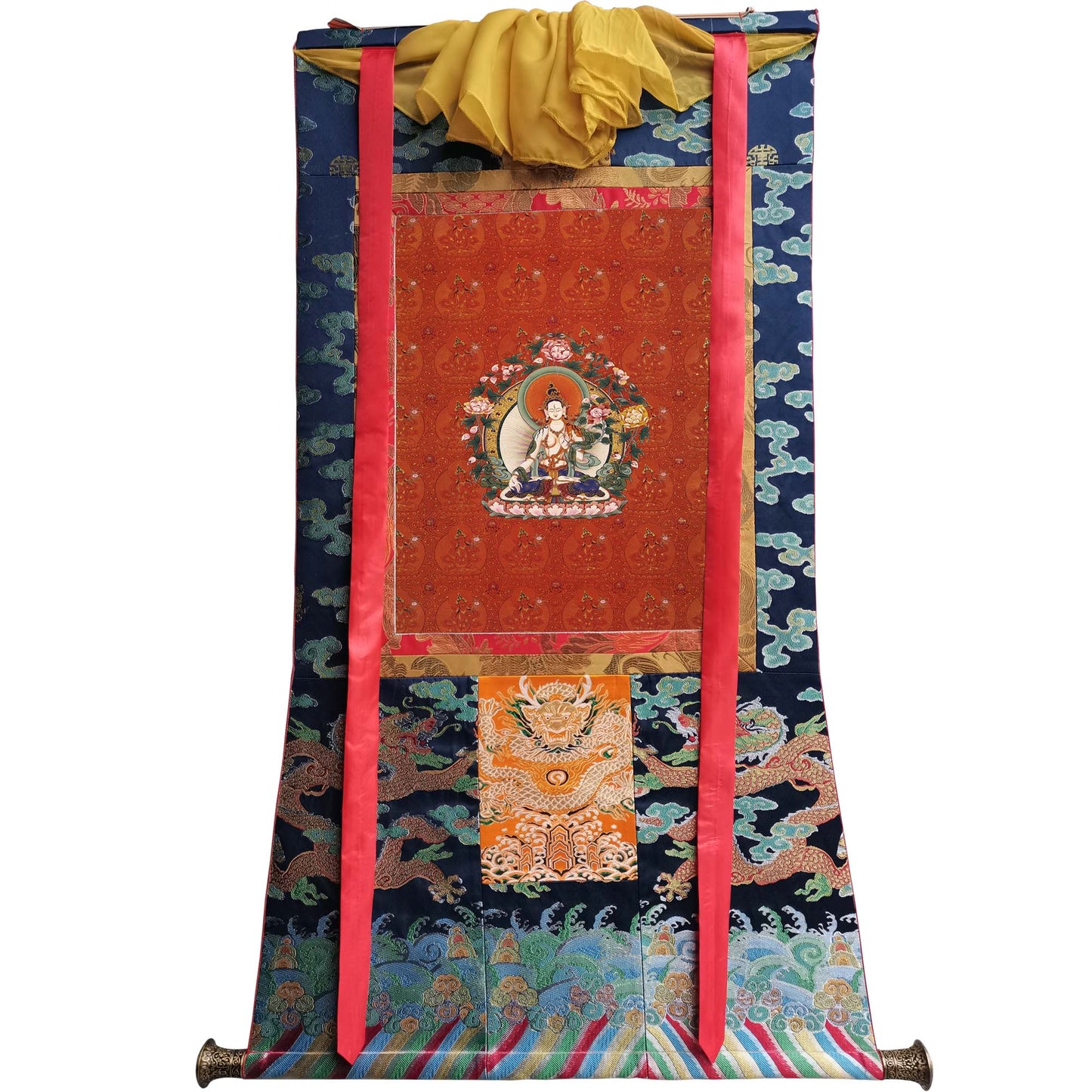 Gandhanra Hand Frame Tibetan Thangka Art,White Tara,Jetsun Dolma, Buddhist Tapestry,Giclee Print with Mineral Pigments,48" × 32"