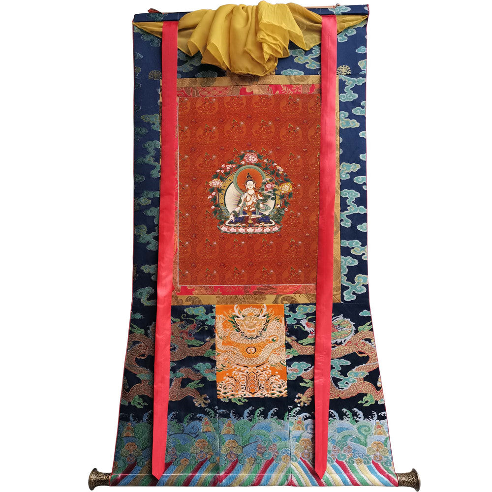 Gandhanra Hand Framed Tibetan Thangka Art,White Tara, Buddhist Tapestry,Giclee Print with Mineral Pigments,48" × 32"